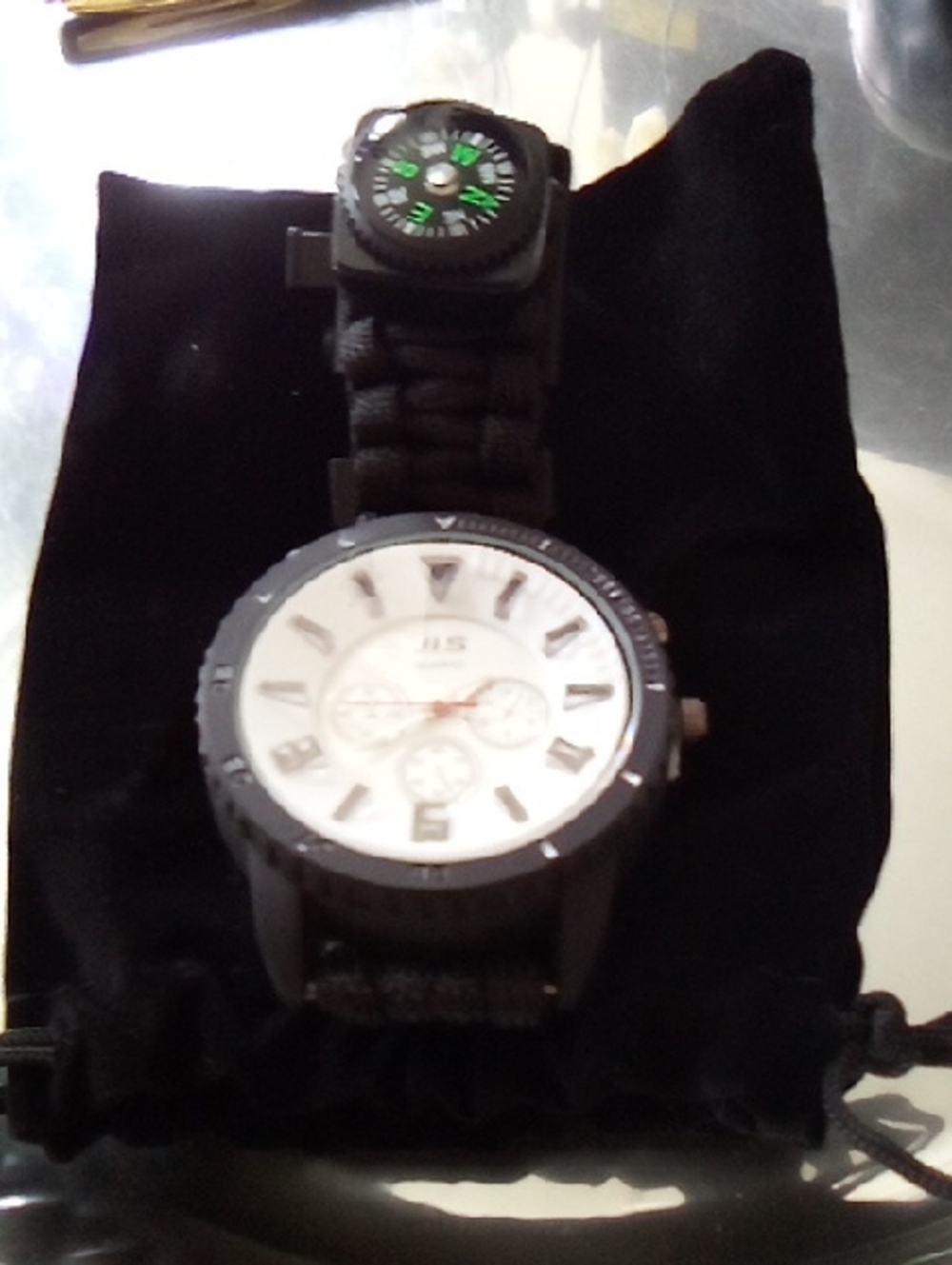 Men's Black Paracord Watch with White Dial and Built-In Compass